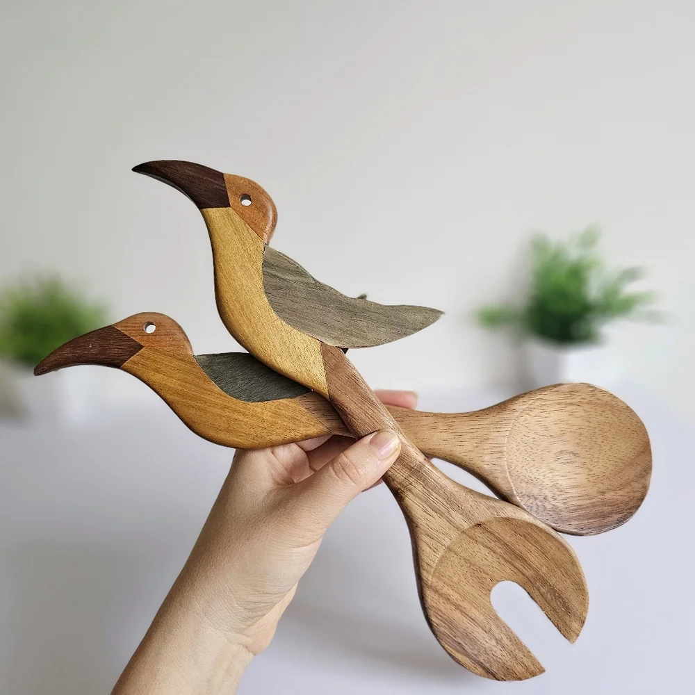 Handcarved Tribal Wooden Bird-Shaped Fork Spoon Rustic Serving Servers